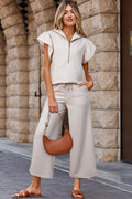 Apricot Textured Zipped Top with Ruffled Sleeves and Matching Wide Leg Pants Set