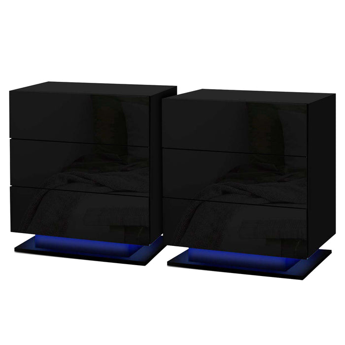 Artiss 2x Bedside Table LED 3 Drawers - MORI Black