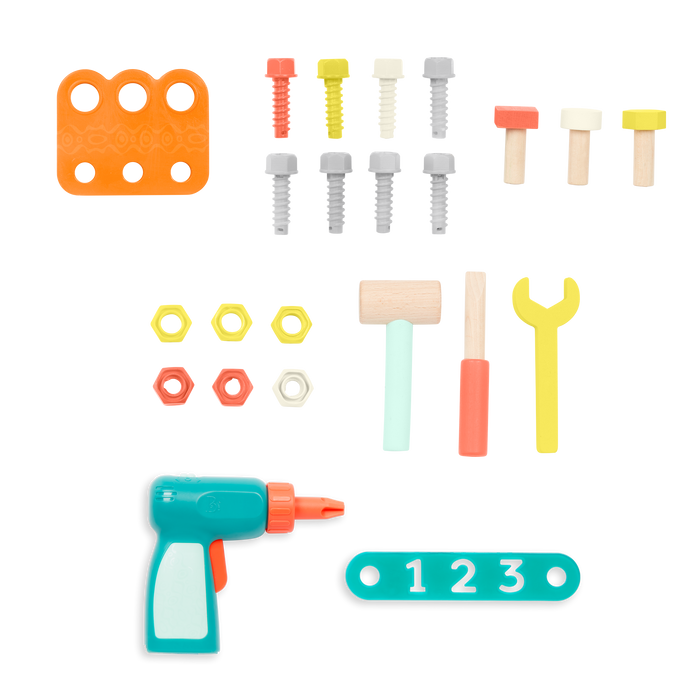 Toy tool box with tools.
