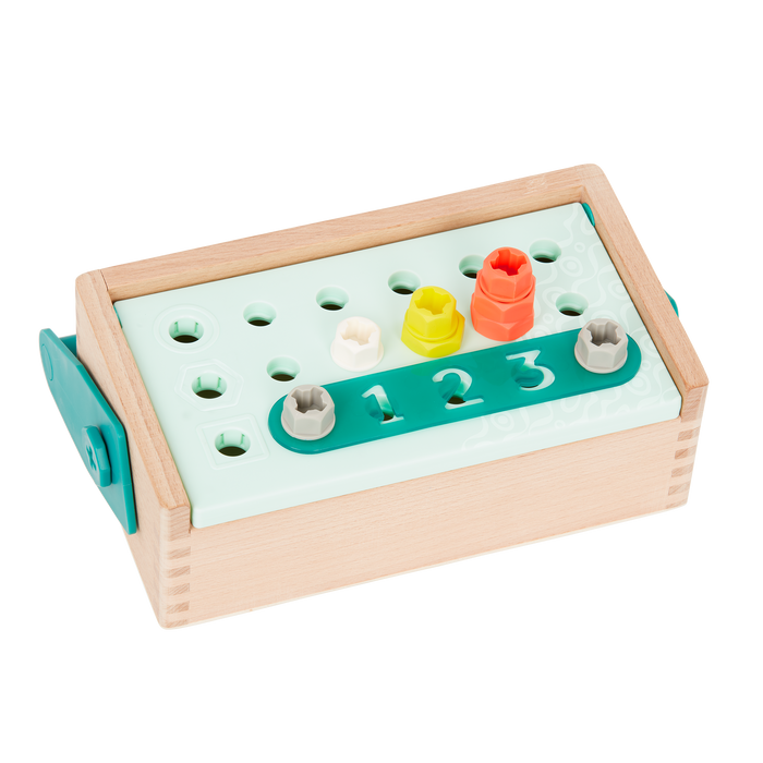 Toy tool box with tools.