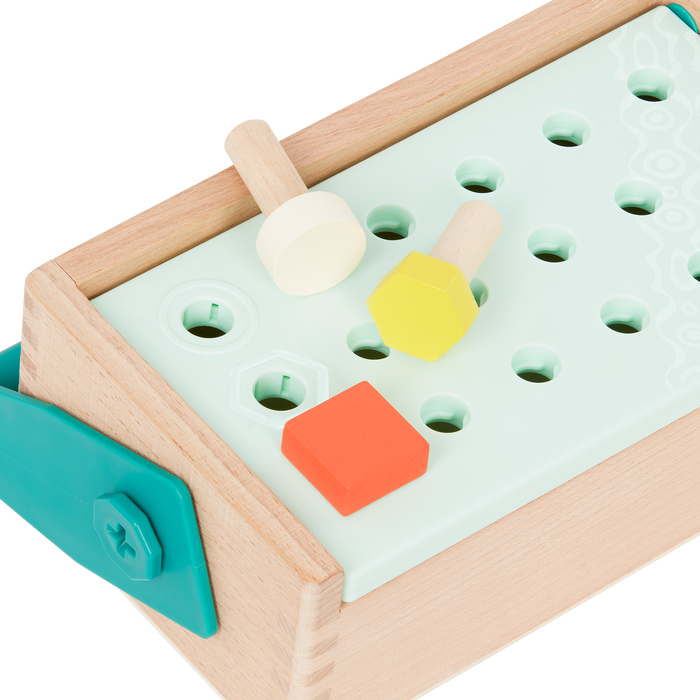 Toy tool box with tools.