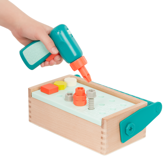 Toy tool box with tools.