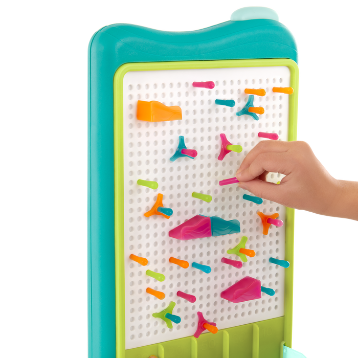Peg board marble drop game for kids with lights and art sheets