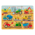 Peg puzzle with construction trucks.