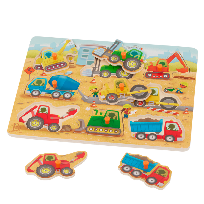 Peg puzzle with construction trucks.