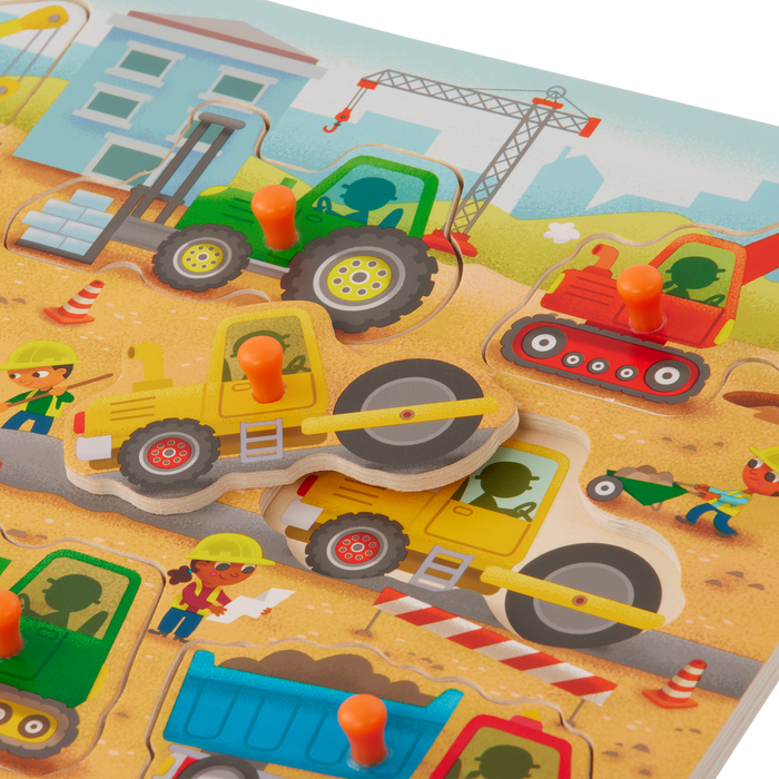 Peg puzzle with construction trucks.