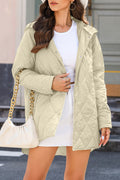 Beige Quilted Hooded Coat Snap Button Front Warm Padded Jacket