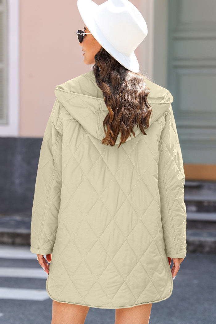 Beige Quilted Hooded Coat Snap Button Front Warm Padded Jacket