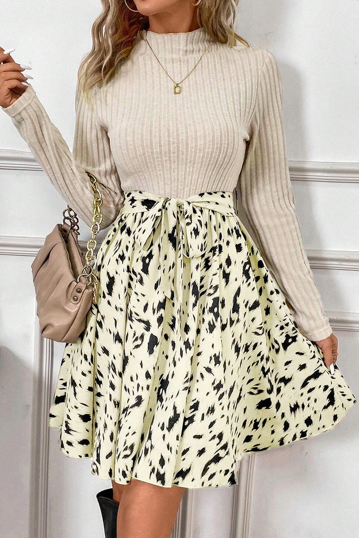 Beige Ribbed Knit Patchwork Printed Belted A Line Women’s Dress