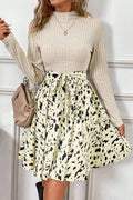 Beige Ribbed Knit Patchwork Printed Belted A Line Women’s Dress