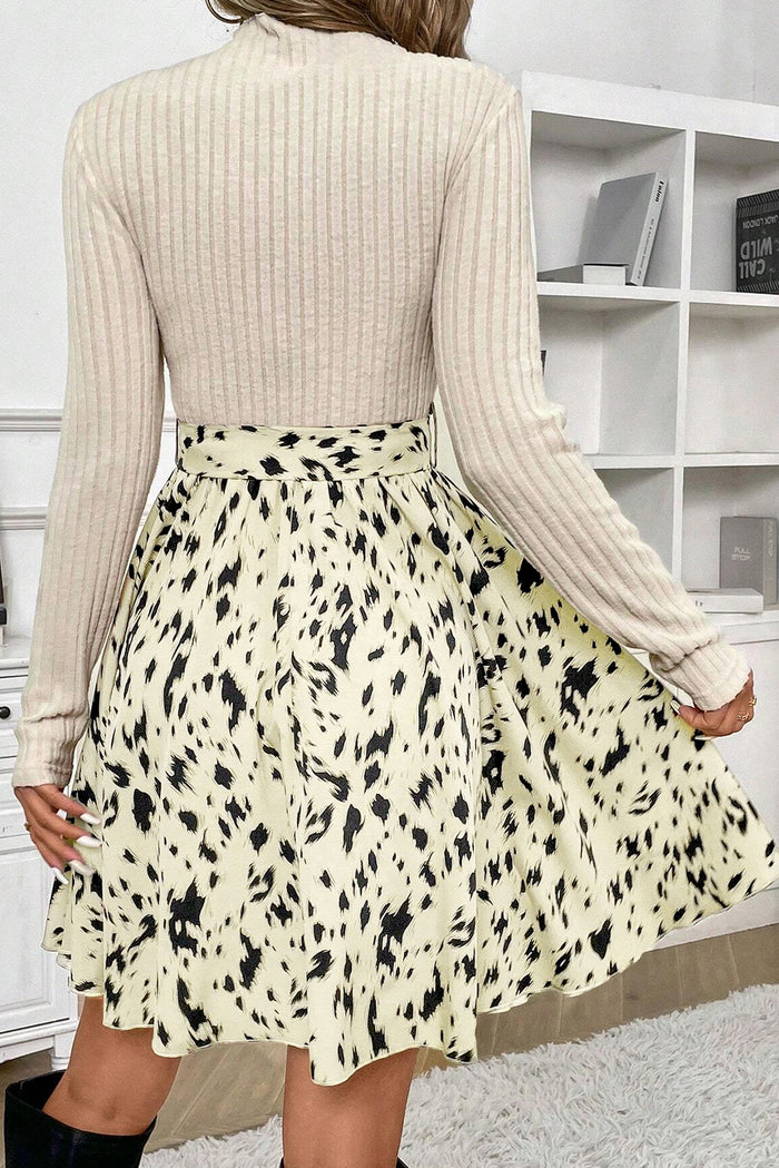 Beige Ribbed Knit Patchwork Printed Belted A Line Women’s Dress