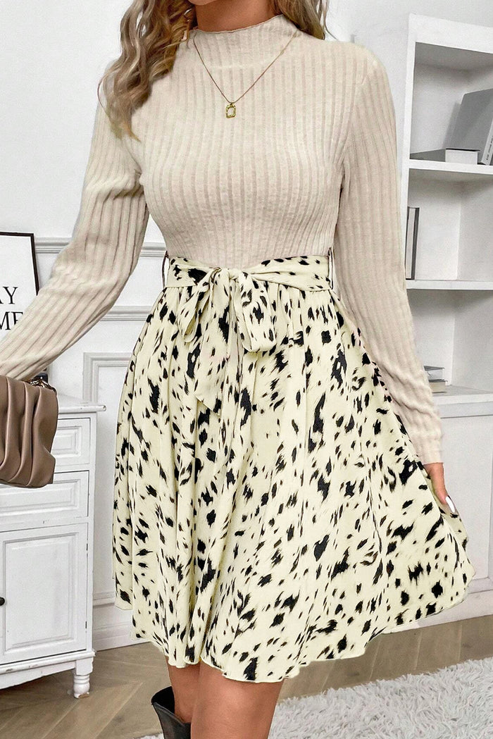 Beige Ribbed Knit Patchwork Printed Belted A Line Women’s Dress