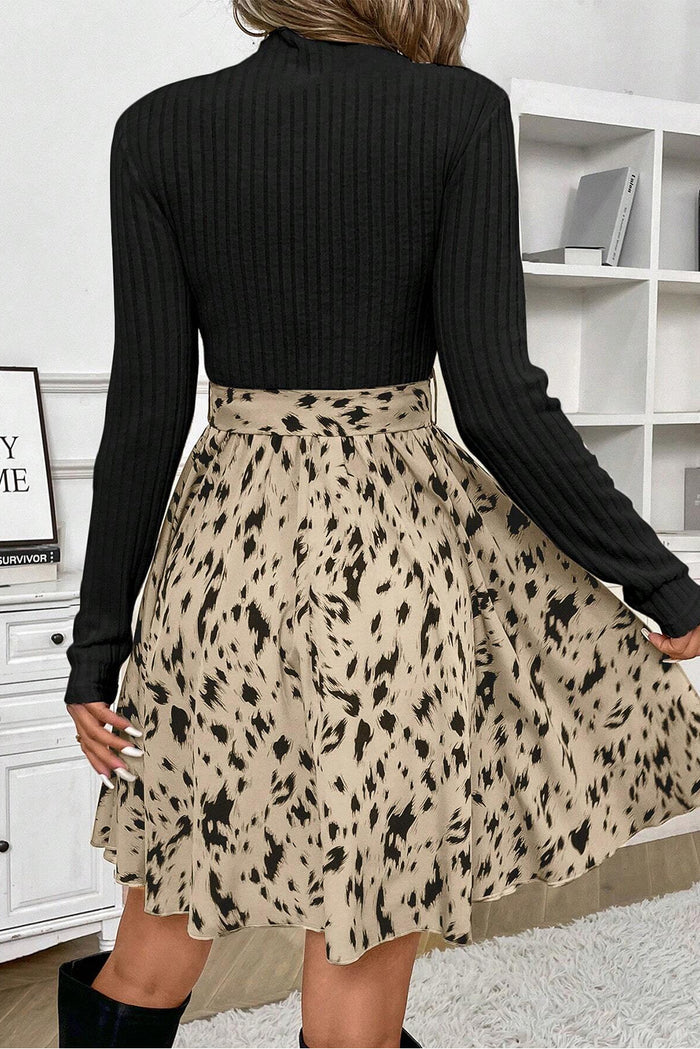 Beige Ribbed Knit Patchwork Printed Belted A Line Women’s Dress