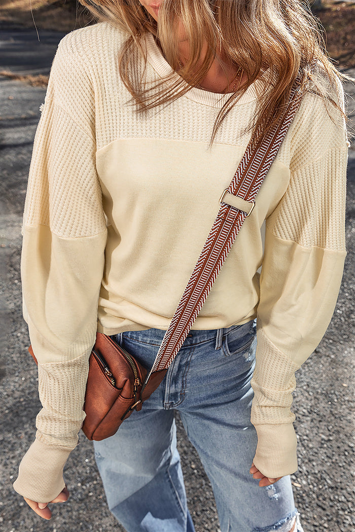 Beige Thermal Knit Patchwork Top Long Sleeve Exposed Seam Casual Top