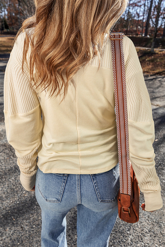 Beige Thermal Knit Patchwork Top Long Sleeve Exposed Seam Casual Top