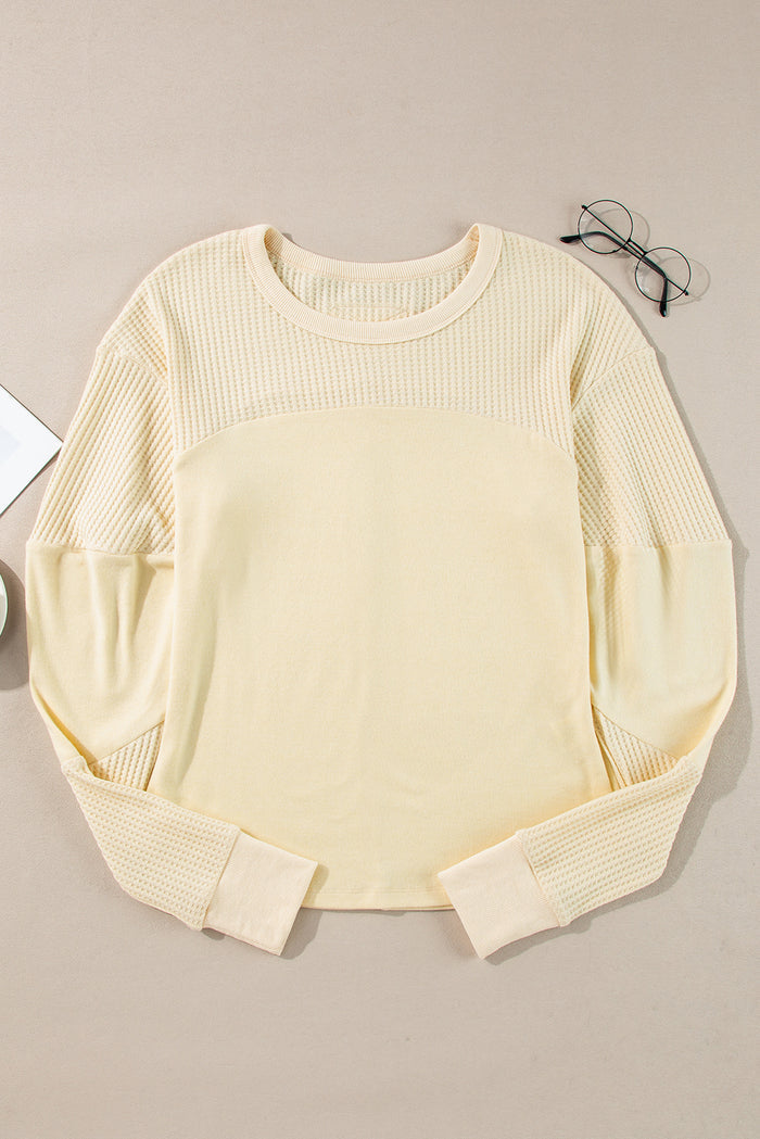 Beige Thermal Knit Patchwork Top Long Sleeve Exposed Seam Casual Top