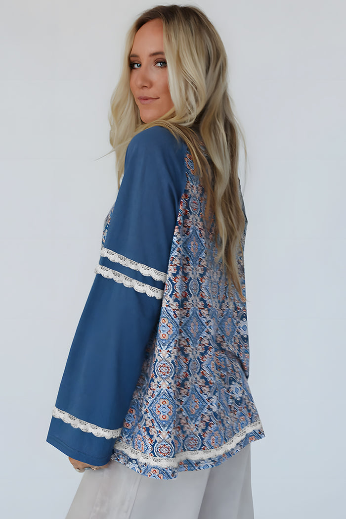 Blue Geometric Print Lace Patchwork Ric Rac Raglan Long Sleeve Women Top