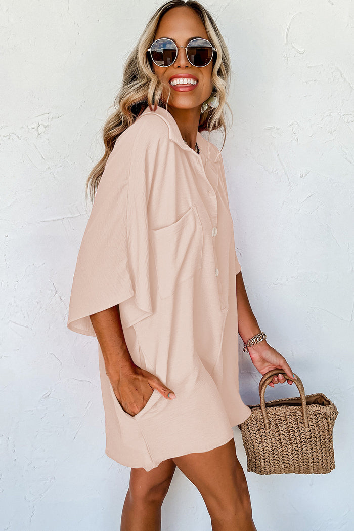 Bright Pink Half Button Collared Loose Romper Summer Outfit