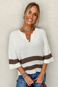 Brown Striped Accent Notched V Neck Cropped Women’s T Shirt