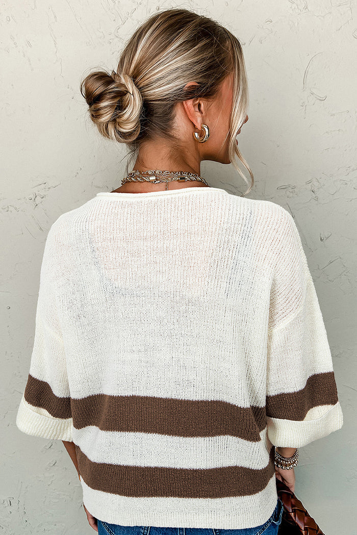 Brown Striped Accent Notched V Neck Cropped Women’s T Shirt
