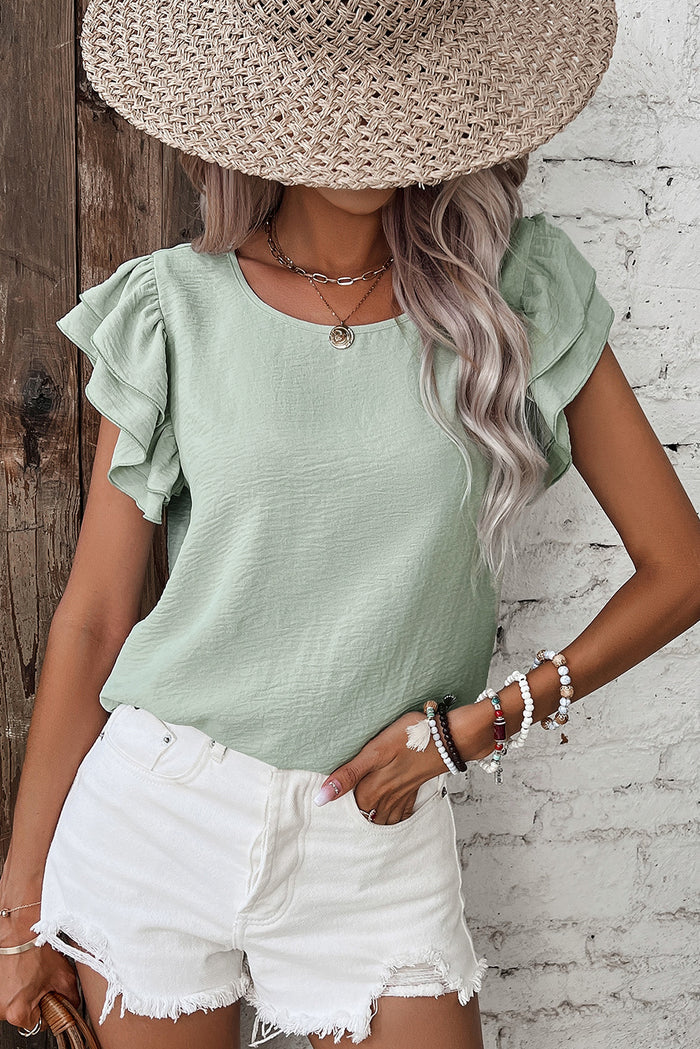 Clearly Aqua Solid Colour Ruffled Short Sleeve Casual Blouse