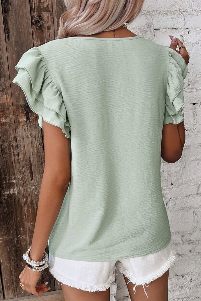 Clearly Aqua Solid Colour Ruffled Short Sleeve Casual Blouse