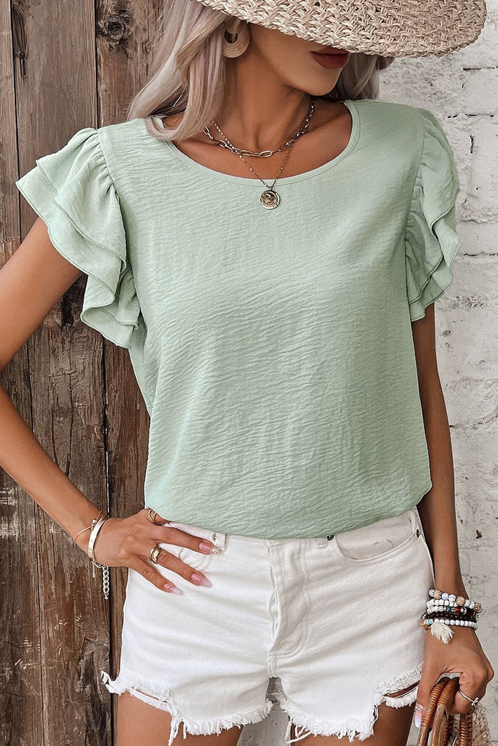Clearly Aqua Solid Colour Ruffled Short Sleeve Casual Blouse