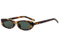 A slim, minimal frame Sunglasses with tortoiseshell frame and dark lenses