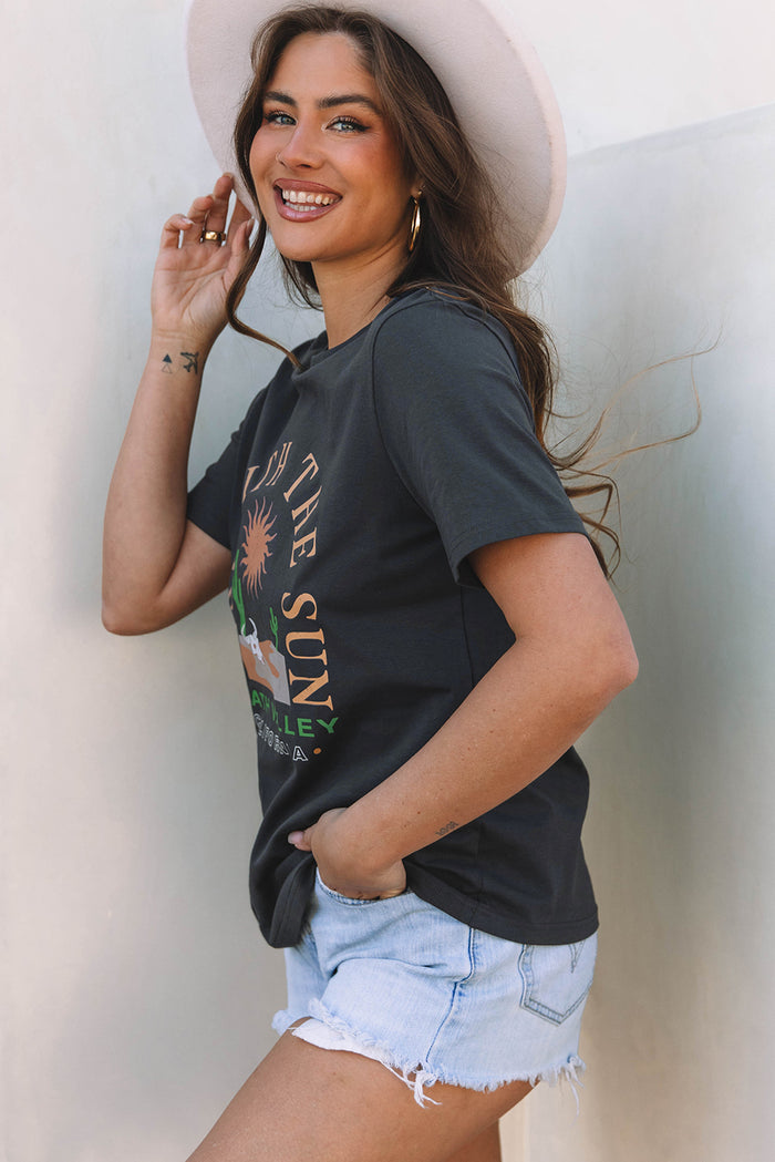 Dark Grey "Rise With The Sun" Western Graphic Tee for Women