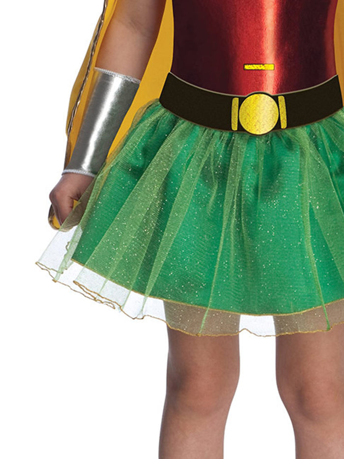 DC Comics Robin Girls Costume with Shiny Dress, Tutu Skirt, Cape and Eyemask - Red & Green Colour