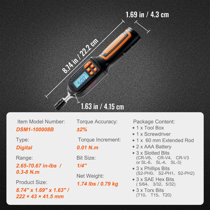Digital Torque Screwdriver 1/4" 2.65-70.67in/lb 0.01N.m Increment
