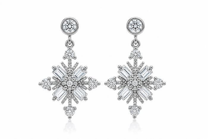 Drop Sterling Silver and CZ Snowflake Earrings