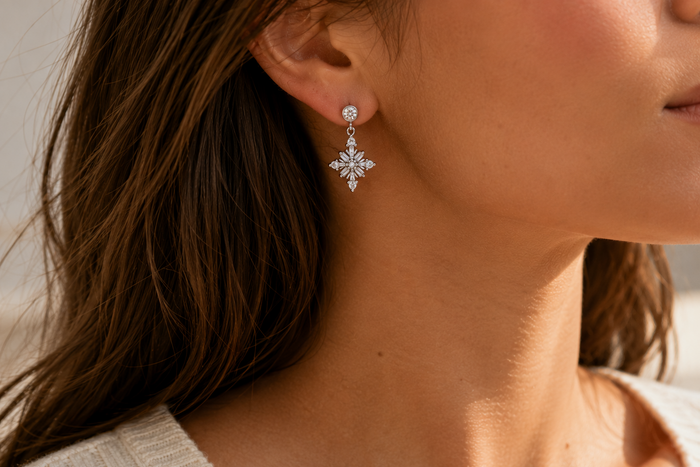 Drop Sterling Silver and CZ Snowflake Earrings