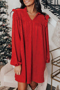 Fiery Red Textured Ruffled Trim V Neck Loose Fit Women’s Mini Dress