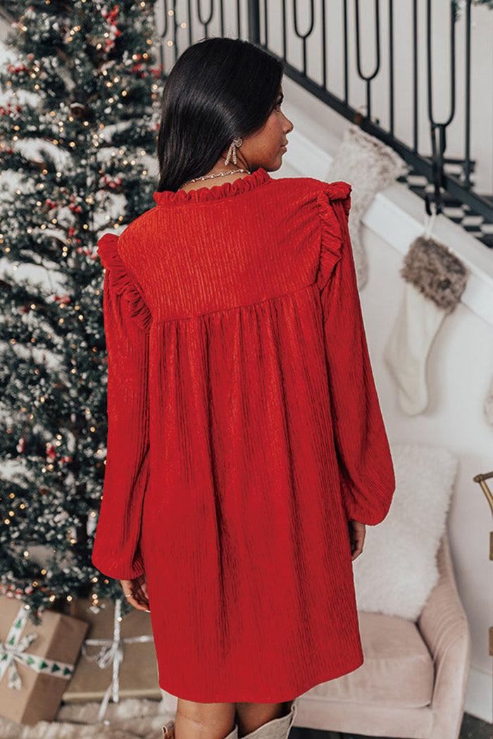 Fiery Red Textured Ruffled Trim V Neck Loose Fit Women’s Mini Dress