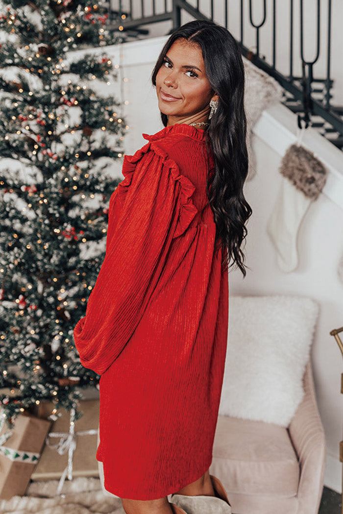 Fiery Red Textured Ruffled Trim V Neck Loose Fit Women’s Mini Dress