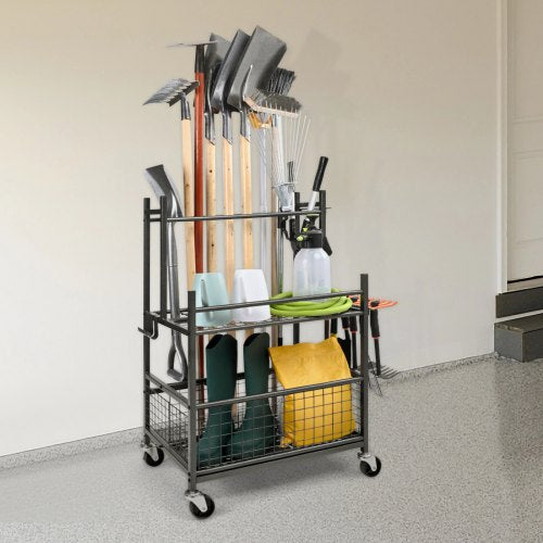 Garden Tool Organizer 16 Slots with Hooks and Wheels for Outdoor Storage