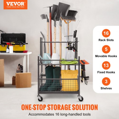 Garden Tool Organizer 16 Slots with Hooks and Wheels for Outdoor Storage