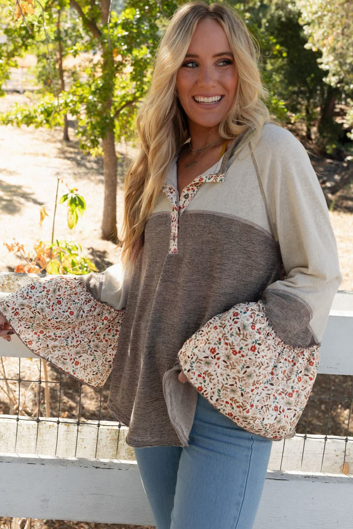 Goat Colourblock Floral Patchwork Henley Top with Flared Sleeves and Buttons
