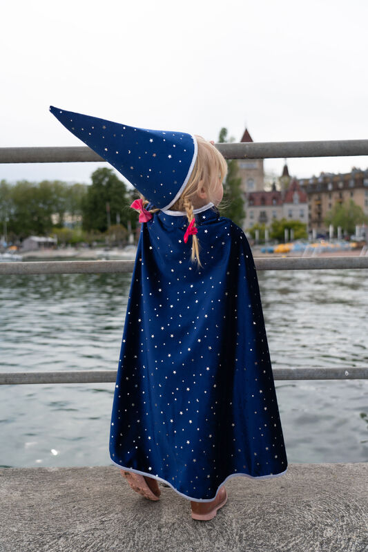 Great Pretenders - Blue & Silver Sparkle Wizard Cape & Hat - Size 4-6