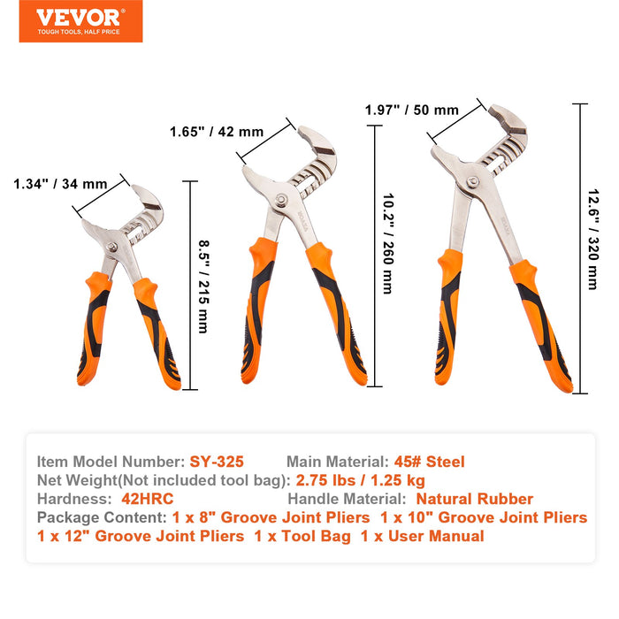 Groove Joint Pliers Set 3-Piece 12" Water Pump Pliers