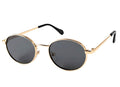 A sleek round metal frame in polished gold.