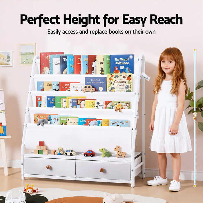 Keezi Kids Bookshelf Metal Storage Rack Toy Organiser Display Shelf Drawer White