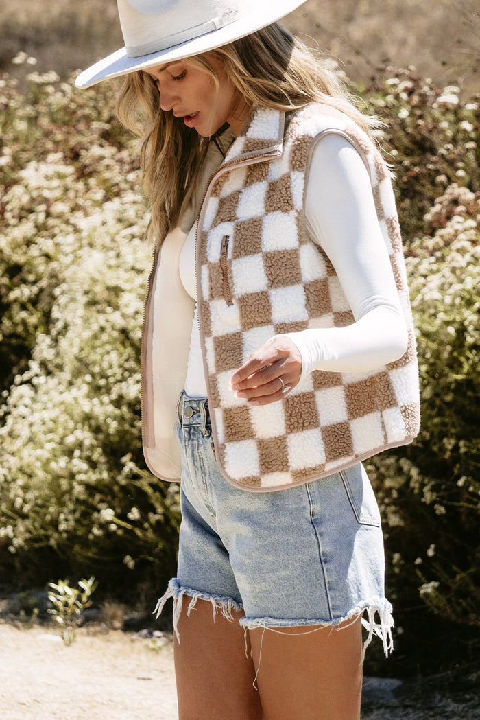 Khaki Checkered Sherpa Collared Jacket Vest for Women