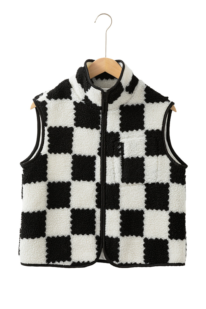 Khaki Checkered Sherpa Collared Jacket Vest for Women