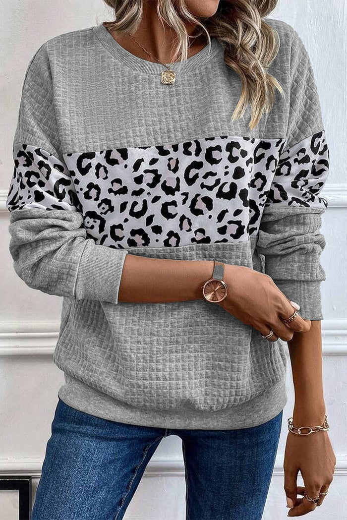 Leopard Quilted Patchwork Crew Neck Casual Sweatshirt