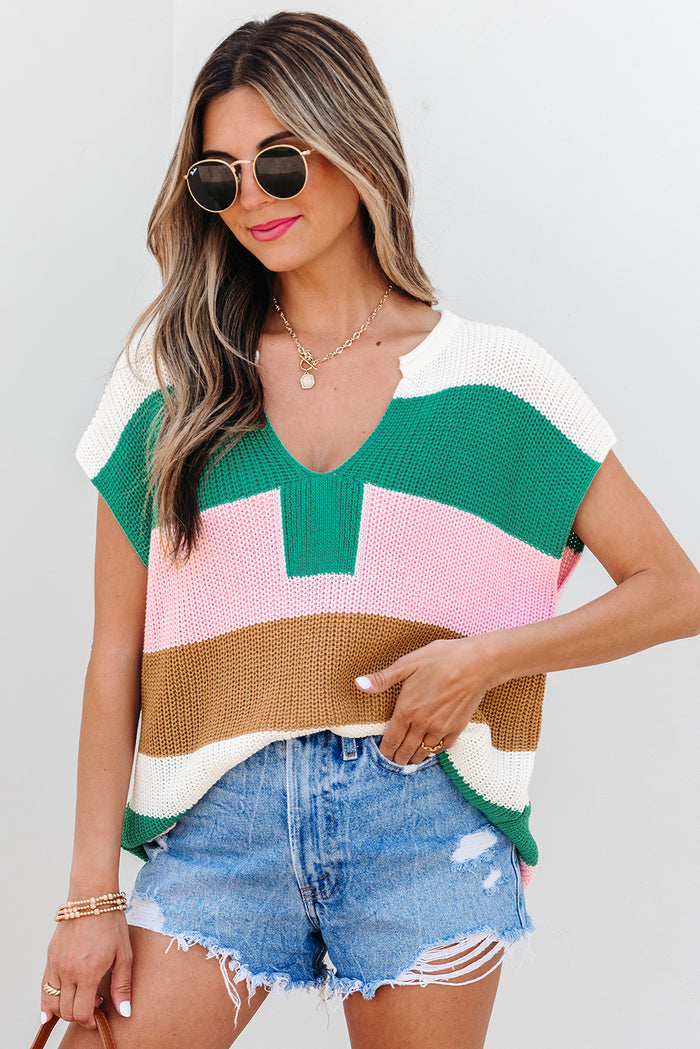 Light Blue Colour Block Notch V Neck Sweater T Shirt