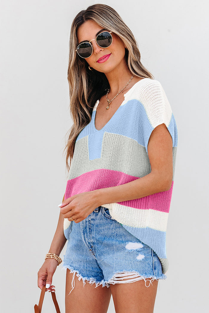 Light Blue Colour Block Notch V Neck Sweater T Shirt