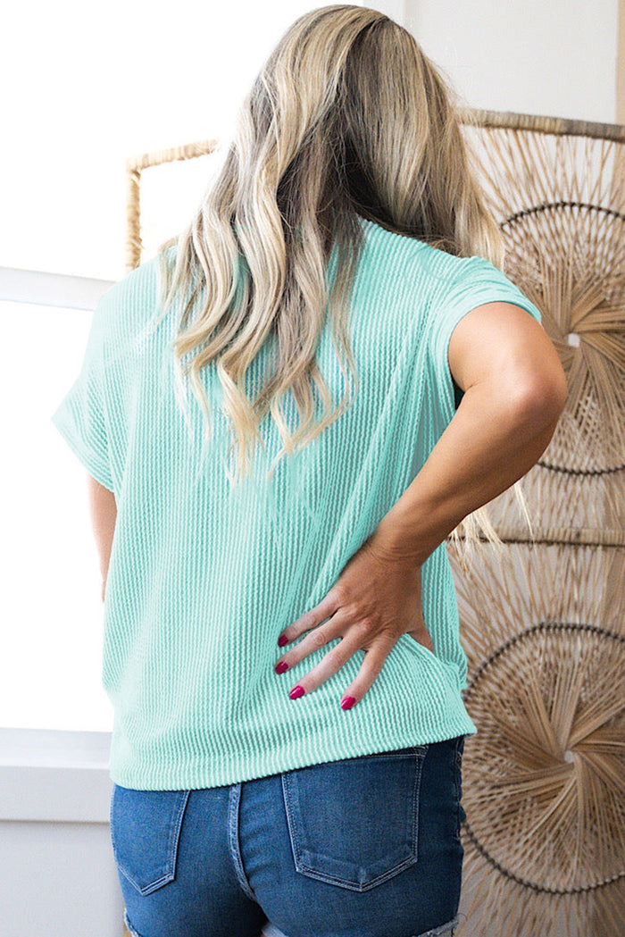 Light Blue Corded Knit Colour Block Crew Neck T Shirt with Pockets