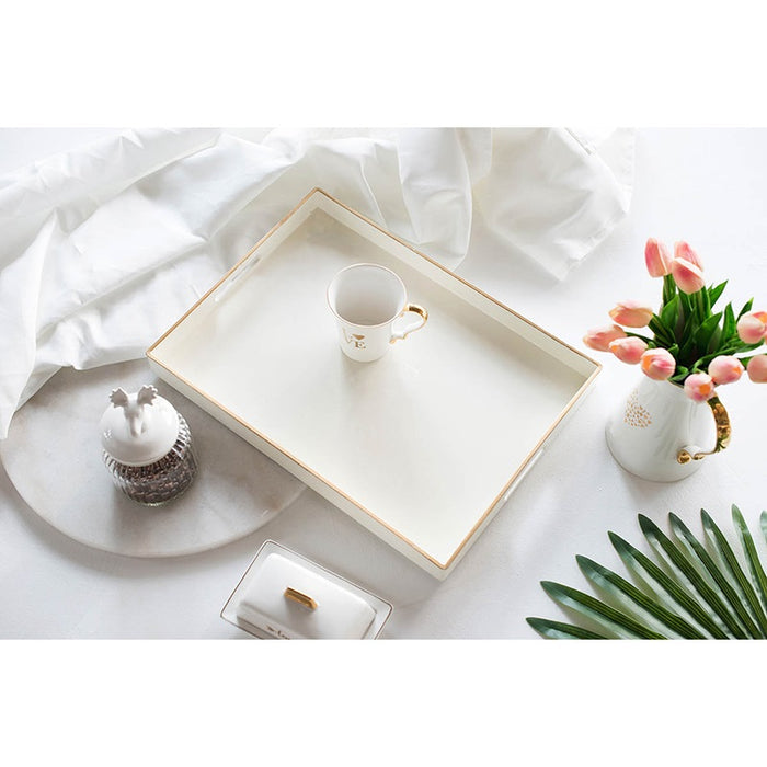 Mimosa Rectangle Tray White with Gold Trim – Decorative & Serving Tray